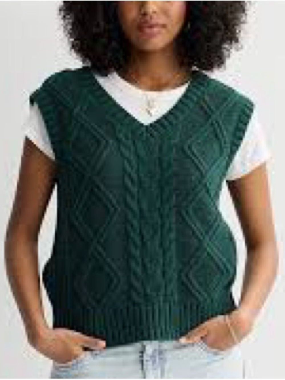 Dark Green V-Neck Academia Preppy Cable Knit Grandpa Core Sweater Vest Large